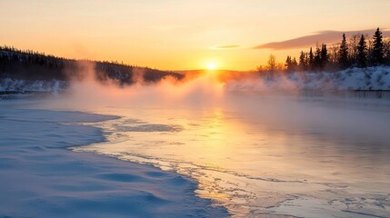 Naklejka premium Golden sunrise over frozen river as snowstorm clears, mist rising from ice and snowladen trees, frozen river, sunrise, winter storm mist