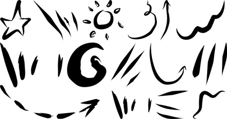 Abstract brush strokes and shapes vector set, featuring arrows, sun, star, and organic lines for creative designs, illustrations, backgrounds, and artistic elements for graphic projects.