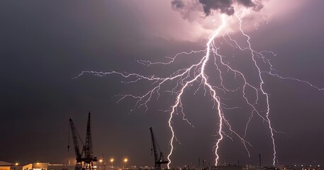 Lightning strikes over a city skyline with cranes, dramatic stormy weather scene.