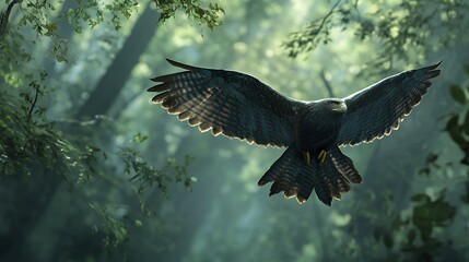 A majestic eagle soars through a lush forest, its wings spread wide against a backdrop of green foliage.