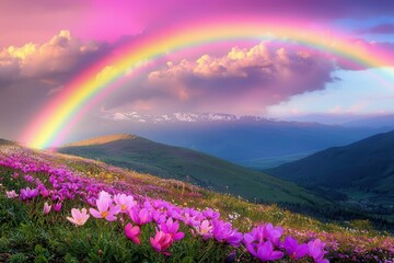 Colorful Wildflower Hills Under a Vibrant Rainbow