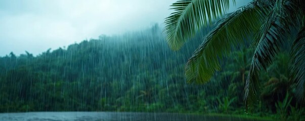 Fototapeta premium Rain falling on a lush green landscape with palm trees and a tranquil lake.