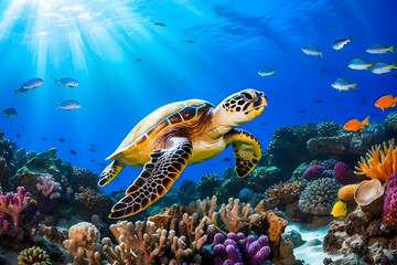 Fototapeta premium An underwater view of a sea turtle swimming gracefully through colorful coral reefs