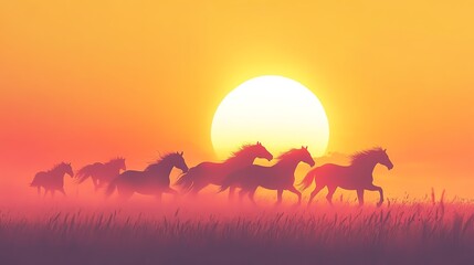 Obraz premium Horses galloping at sunset, vibrant atmosphere