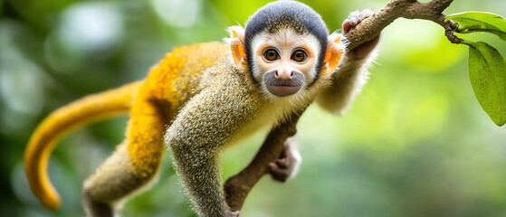 Obraz premium Monkey climbing on branch in lush green habitat