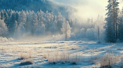 A snowy field with trees in the background. The trees are covered in snow. The sky is blue and the sun is shining