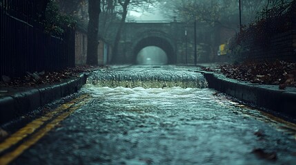 Drainage pipes and infrastructure along a city road showing water flowing into the system after rainfall leaving space for content on flood control or urban water management strategies