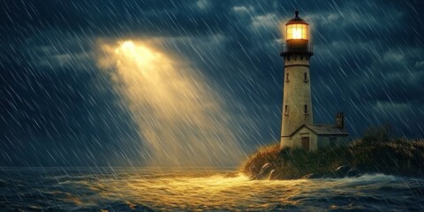 Lighthouse Beam. Guidance Beacon in Maritime Fog with Beaming Light