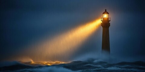 Fototapeta premium Lighthouse Beam. Guiding Maritime Beacon Illuminating Rainy Nautical Scene
