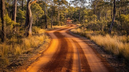 Fototapeta premium A dirt road with trees in the background. The road is curved and has a lot of dirt