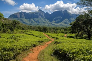 Naklejka premium Malawi: Mulanje Massif Landscape with Tea Plantations and Mountain Safari Tracks