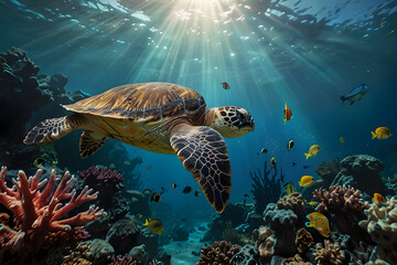Fototapeta premium An underwater view of a sea turtle swimming gracefully through colorful coral reefs