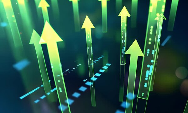 3D rendering of glowing green arrows pointing upwards on a digital background with blue lights and bokeh effects. A conceptual illustration symbolizing growth, progress or business success