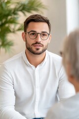 A young male psychotherapist is talking to an older woman during a therapy session in the office. The setting features a white, modern interior with light colors.