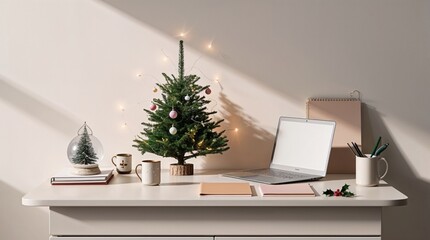 Cozy Christmas Desk Setup with Small Decorated Tree, Laptop, and Holiday Accessories