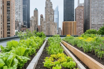 Fototapeta premium Cityscape with green roofs and water-saving landscaping, urban sustainability