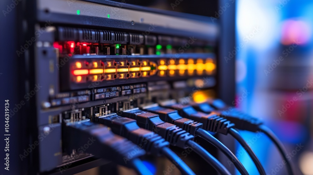 Leinwandbilder Ethernet switch: An Ethernet switch with multiple ports connected to various devices, highlighting its use in distributing network connections.