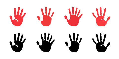 Collection of red hand print icons featuring hands with five fingers. Vector illustrations ideal for art projects, social campaigns, and designs emphasizing creativity, support, or awareness.