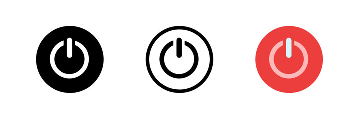 Power button ON and OFF set icons in black flat style. Simple vector illustrations representing energy symbols, ideal for tech, electronics, and user interface designs