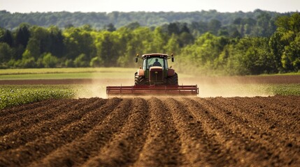 Fototapeta premium Farm tractor plowing through a large field, showcasing its power and efficiency in agricultural work