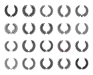 Laurel wreath icon set featuring award chaplet symbols. Simple vector illustrations, perfect for representing victory, achievement, and honor in designs for logos, certificates, and badges. Flat style