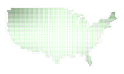 Green dotted map of the USA. Abstract design featuring small green dots forming the shape of the United States. Ideal for infographics, presentations, and geographic visuals.