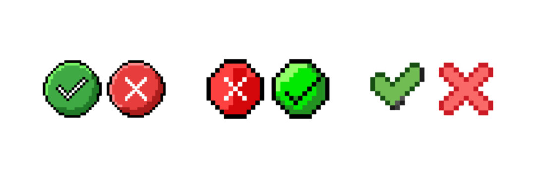 Pixel cross and check mark icon set in 8-bit retro style. Simple vector buttons, perfect for retro-themed designs, games, and user interfaces. Isolated flat illustrations for versatile use.