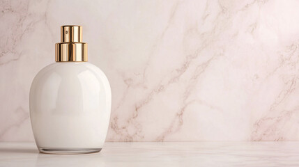 Naklejka premium White perfume bottle with gold accents resting on a marble surface, showcasing a luxurious and minimalist design for beauty and fragrance branding.