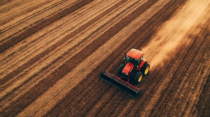 Farm tractor plowing through a large field, showcasing its power and efficiency in agricultural work