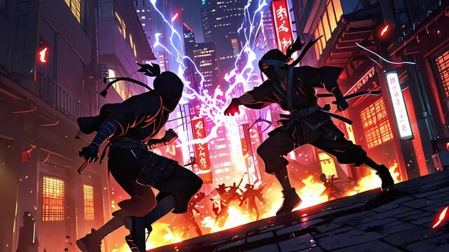 Two male ninjas prepare for battle in a vibrant cityscape, illuminated by neon lights and dramatic lightning, evoking a tense and dynamic atmosphere created with generative ai
