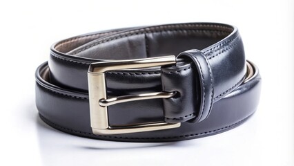 Black leather belt on white background, fashion, accessory, buckle, stylish, waist, clothing, outfit, trendy, classic