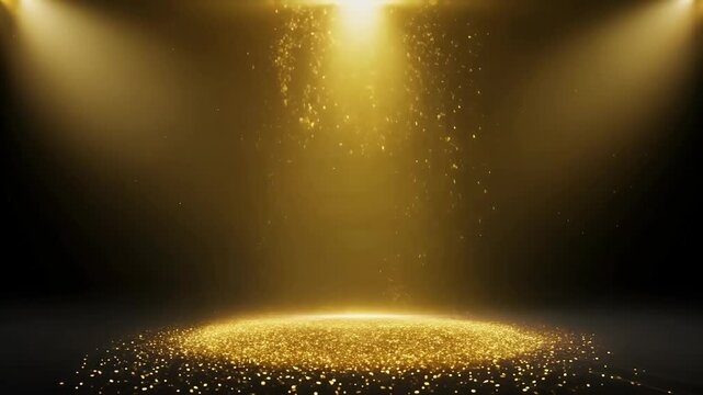 4K looping video features spotlight casting golden rays particles empty stage creating elegant dramatic scene suitable product presentations performance backgrounds ray glow spot light award club