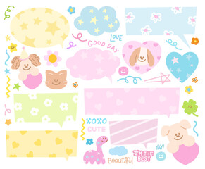 Pastel illustrations of text bubbles with dinosaur, cat, puppy, flowers, heart for cartoon, comic, chatting, dialogue, masking tape, stickers, communication, back to school, animals, pet shop, print