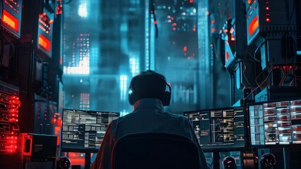 Exploring a futuristic data center with advanced technology and vibrant lighting at night