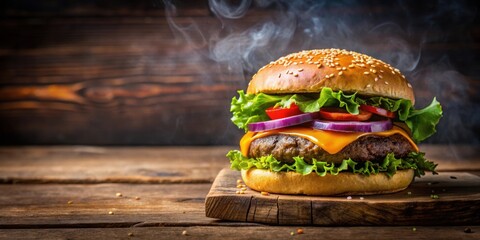 An appetizing fragrant hamburger on a rustic wooden table , hamburger, fast food, delicious, brioche bun, beef patty, lettuce