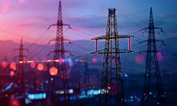 Sleek stock market chart with energy and electric elements, blurred background of an electrical grid tower or substation at dusk, symbolizing the impact on a hero in digital marketing for sustainable 