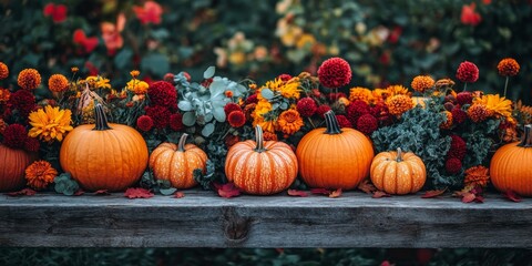 Rustic Autumn Festival Table Decor with Pumpkins and Fall Flowers - Perfect for Thanksgiving or Halloween