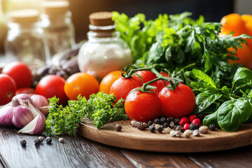 A wooden cutting board with a variety of vegetables including tomatoes, peppers, and herbs. Concept of freshness and abundance, as well as the idea of preparing a healthy meal