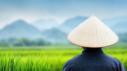 A person in a traditional conical hat gazes over lush green rice fields under a serene sky.
