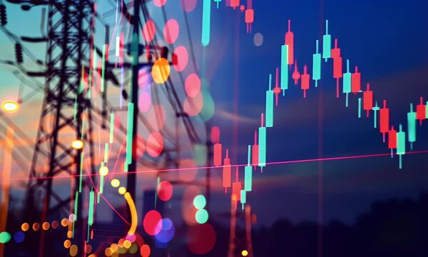 Sleek stock market chart with energy and electric elements, blurred background of an electrical grid tower or substation at dusk, symbolizing the impact on a hero in digital marketing for sustainable 