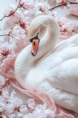 Fototapeta premium White Swan on Pink Flowers