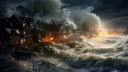 A powerful scene of a hurricane hitting a coastal town with heavy rain,