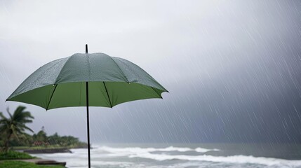 Green umbrella on beach during rain with waves and dark clouds in the background.