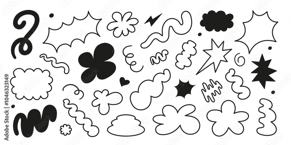 Poster abstract set cute linear doodle shapes isolated on a white background. vector illustration