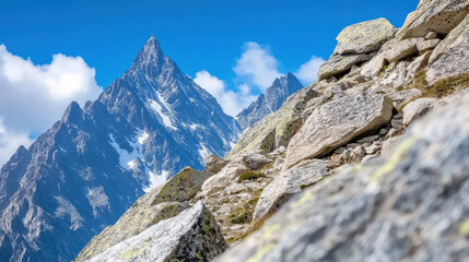 Majestic mountain peaks rise sharply against a clear blue sky, framed by rugged rocks, AI