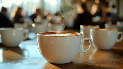 Row of coffee cups in meeting room setting.