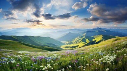 Fototapeta premium Stunning bird's-eye view of hills covered in blooming wildflowers and lush green grass.