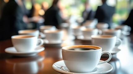 Fototapeta premium Row of coffee cups in meeting room setting.