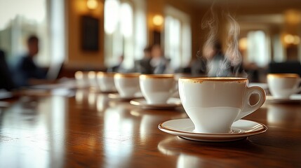Fototapeta premium Row of coffee cups in meeting room setting.