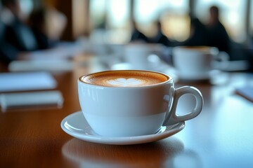 Fototapeta premium Row of coffee cups in meeting room setting.